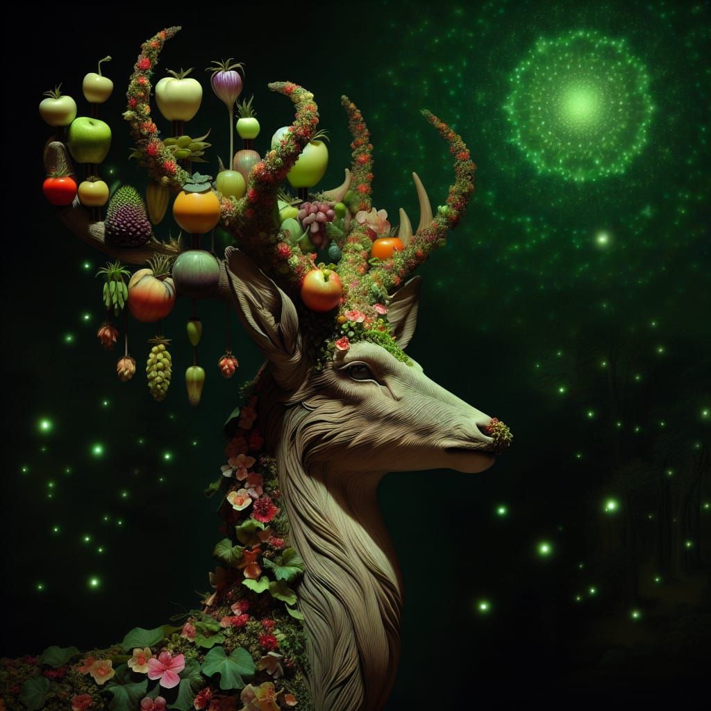 Deer Portrait in Arcimboldo Style with Bioluminescent Glow