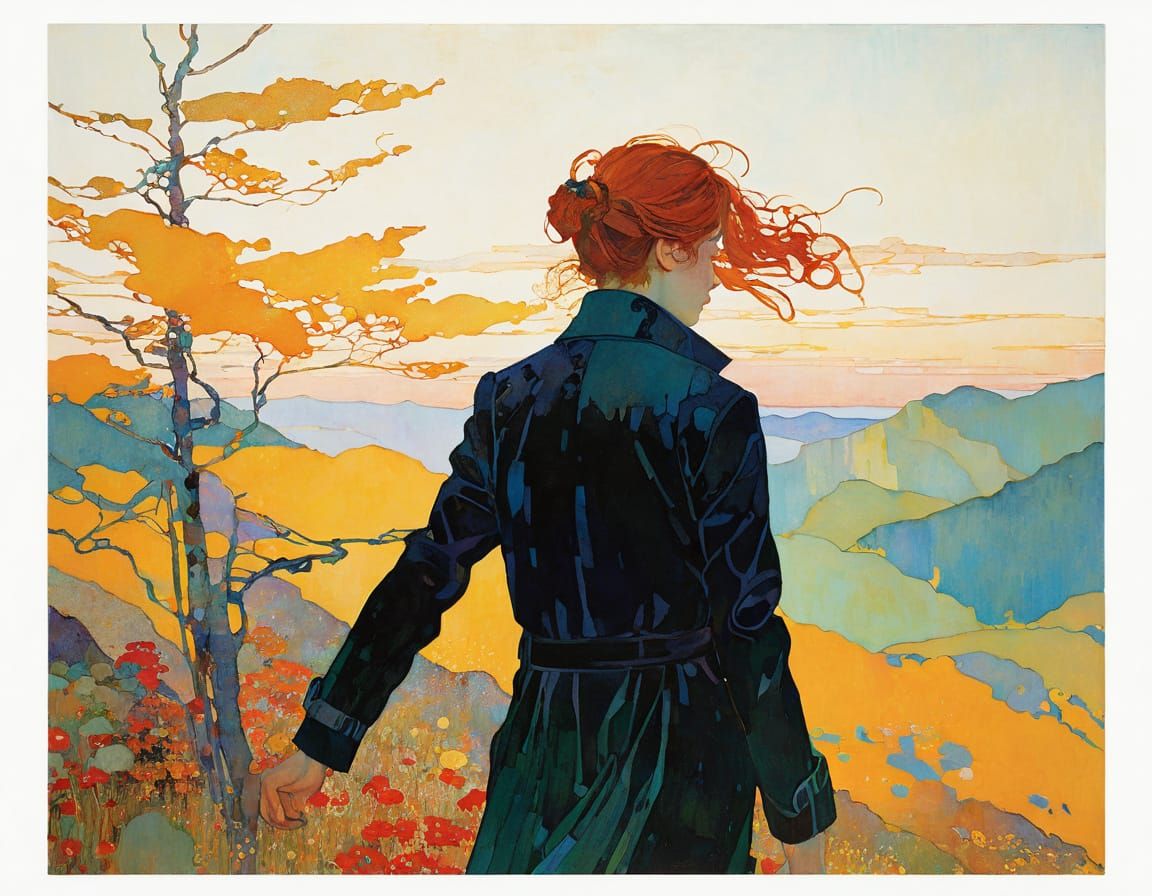 Misty Forest Landscape in Art Nouveau Style