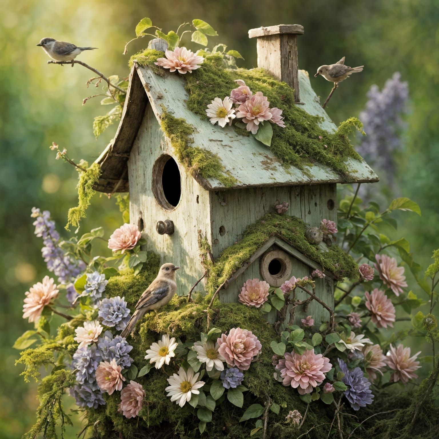 Enchanted Birdhouse Covered in Lush Greenery