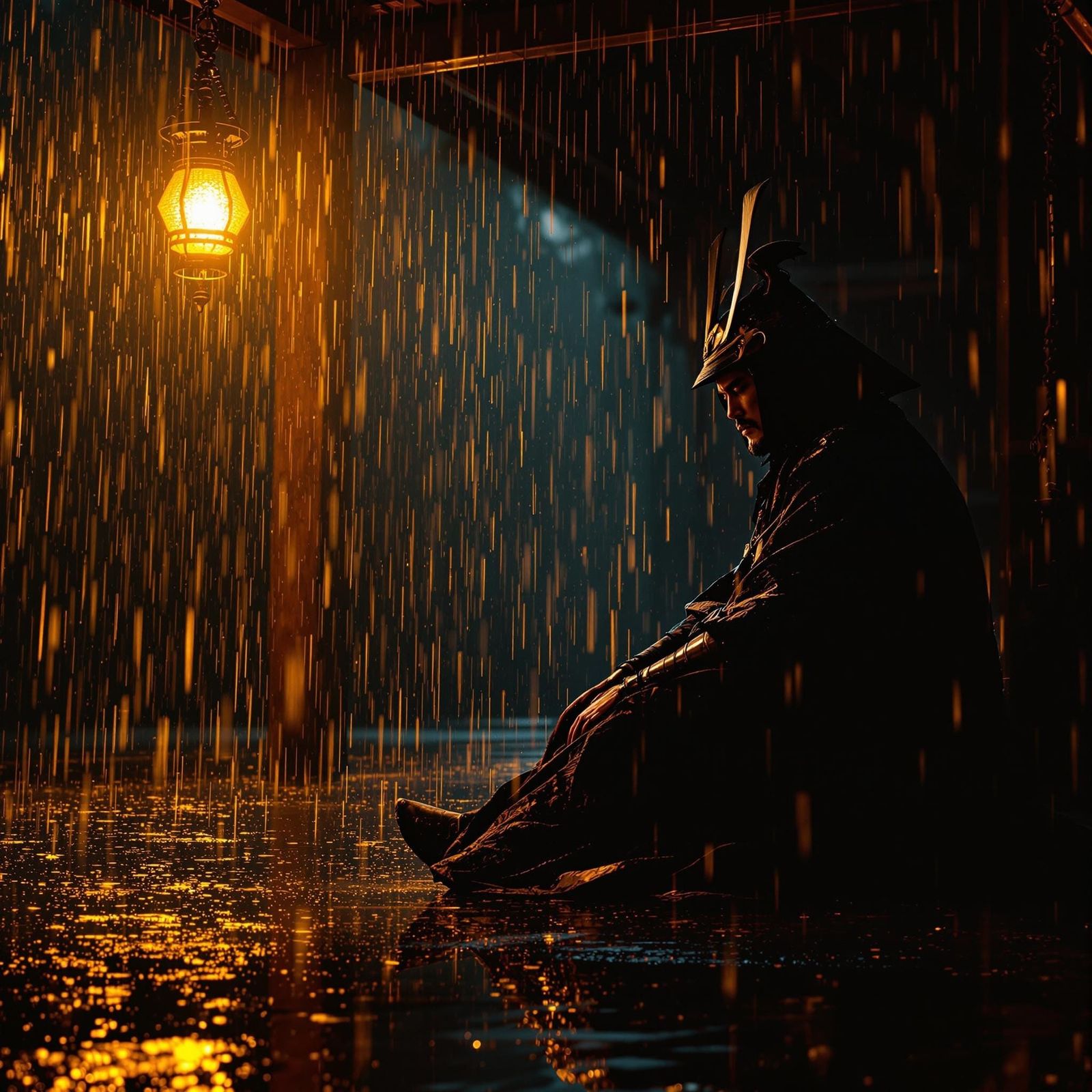 Samurai in Rainy Landscape, Inspired by Techno Shamanism