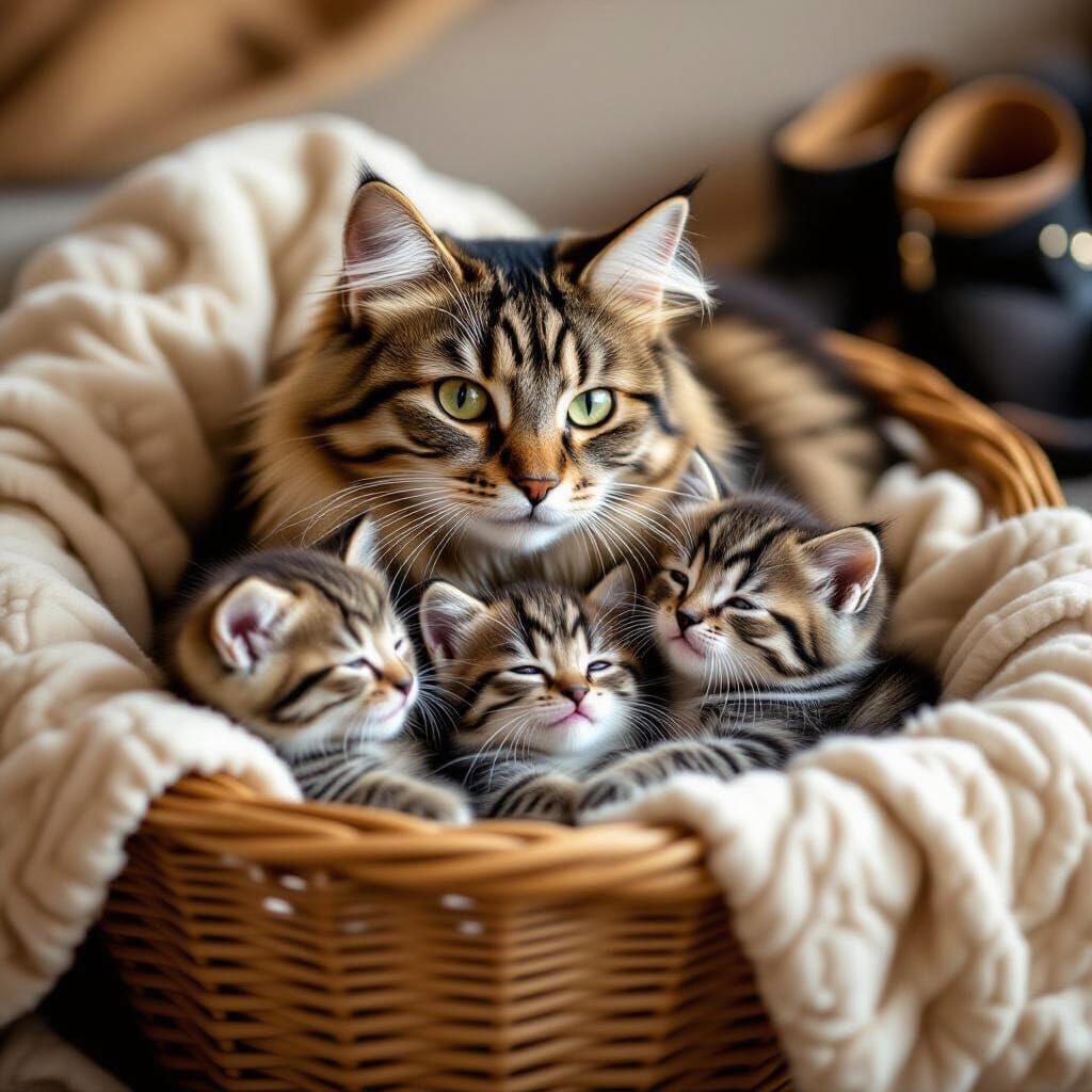 Cinematic Mother Cat with Kittens in Basket