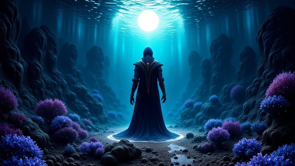 Gothic Knight Underwater in Bioluminescent Depths