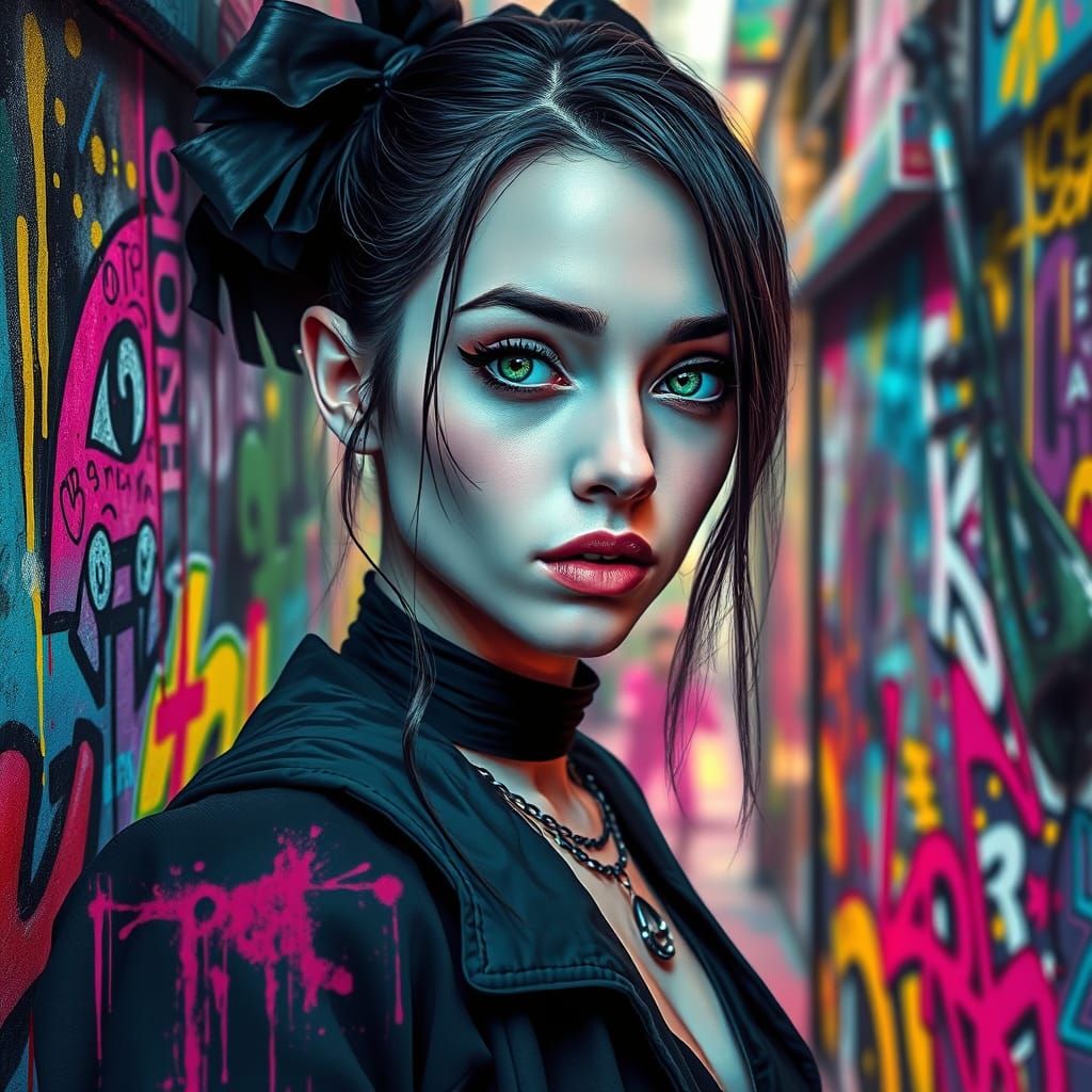 Goth Woman Lost in Cyberpunk Dreamscape