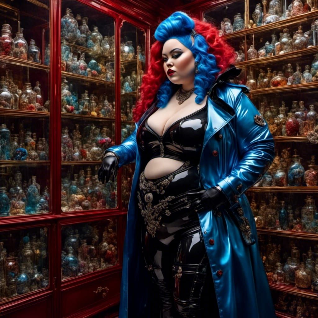 Curvy Catgirl in Red Trenchcoat with Futuristic Style