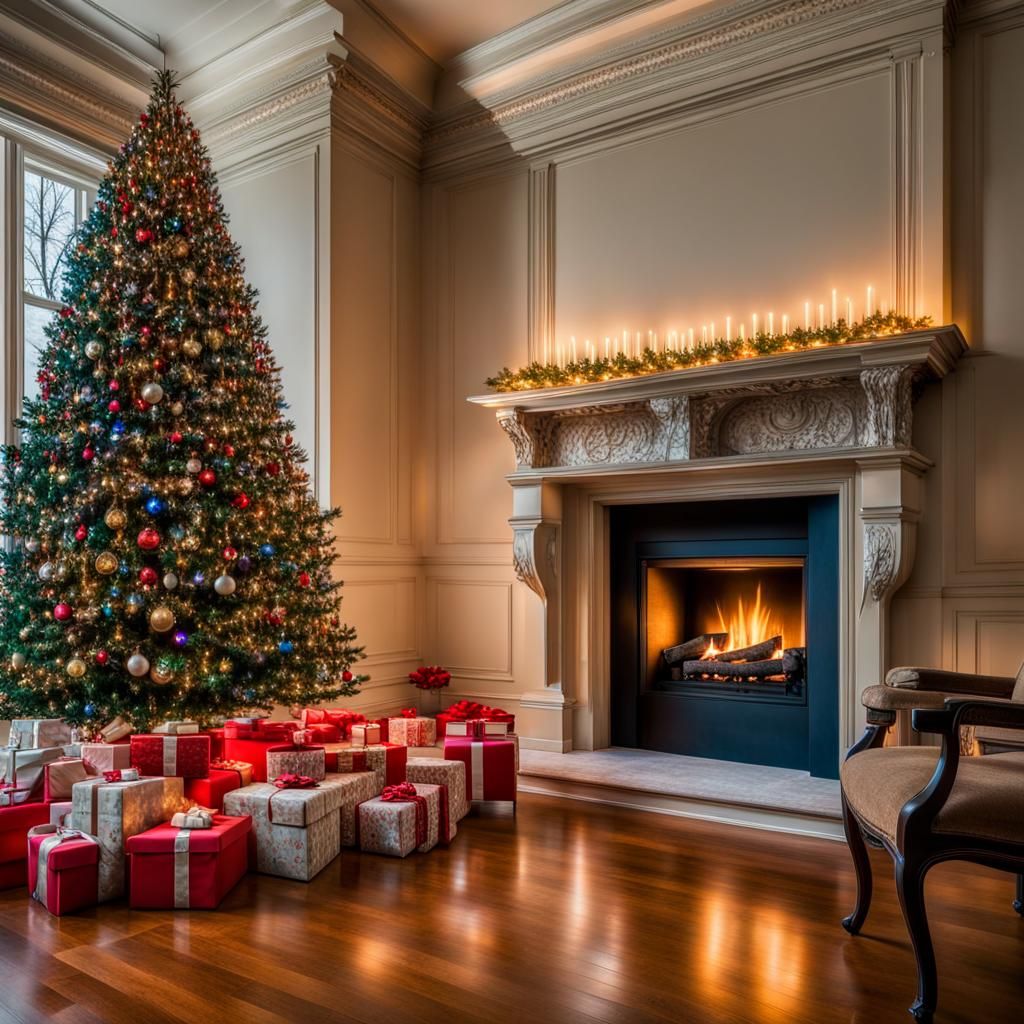 Christmas Tree and Fireplace in Mansion
