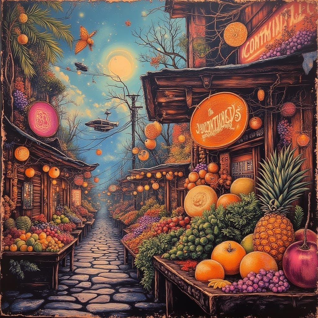 Retro-Futuristic Metropolis Marketplace with Cybernetic Pets