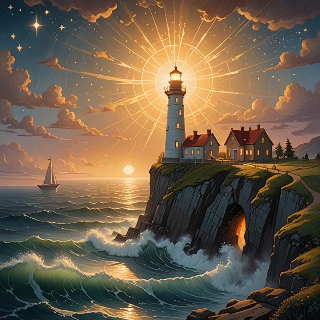 Whimsical Lighthouse on Starry Cliff Overlooking Ocean