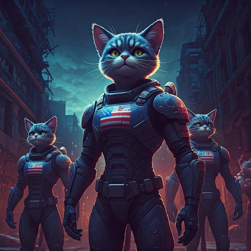 Futuristic Feline Commandos Stand Tall in Ruined City