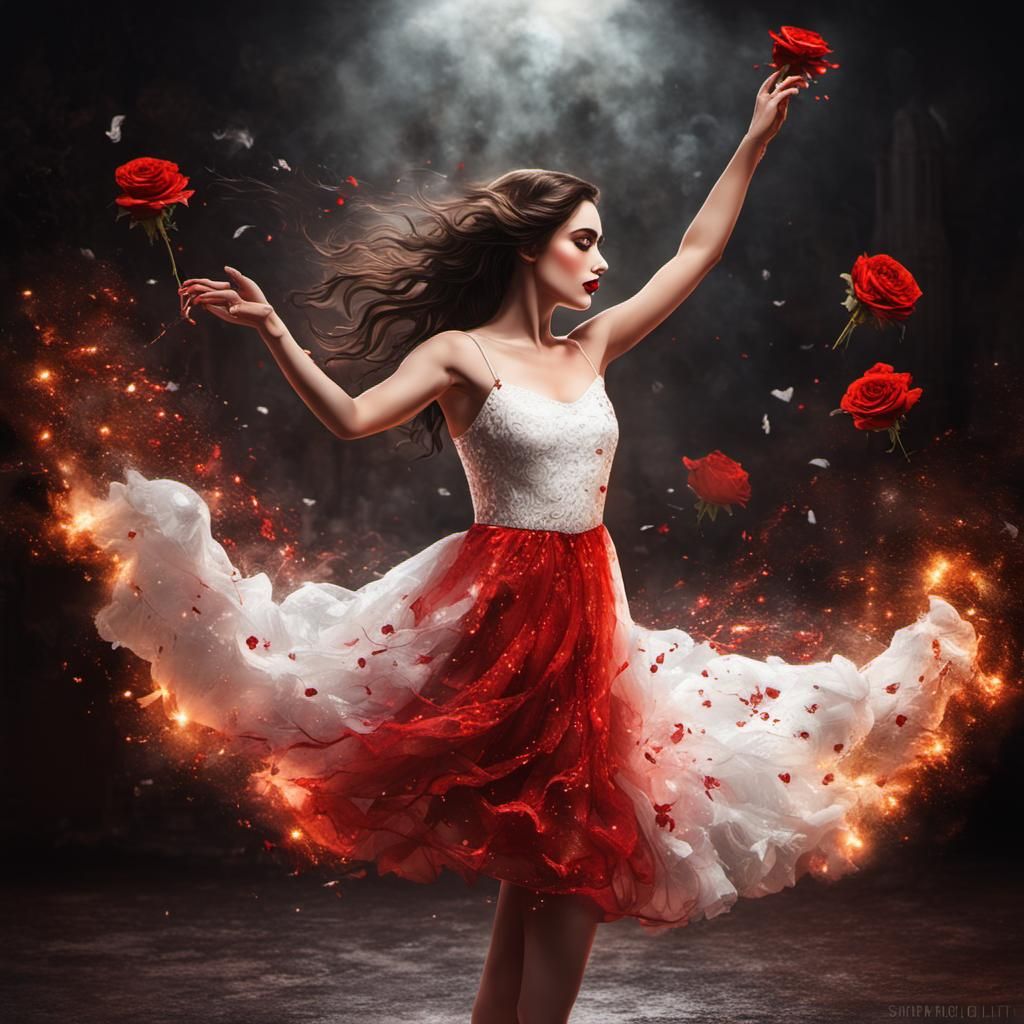 be my valentine, cute brunette in an valentine red and white dress, full body dancing, large reflective eyes, red lips, ...