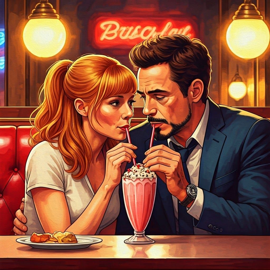 Romantic Diner Scene in Comic Book Style