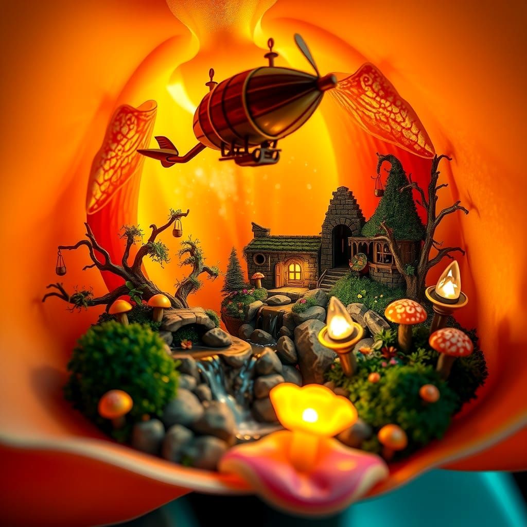 Steampunk World Inside a Glowing Orchid