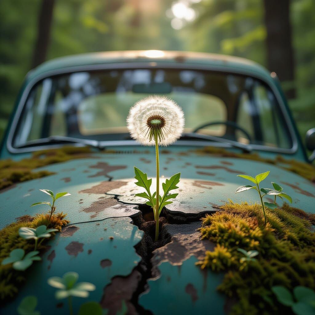 Dandelion Sprouts in Abandoned Car, Hyperrealistic Style