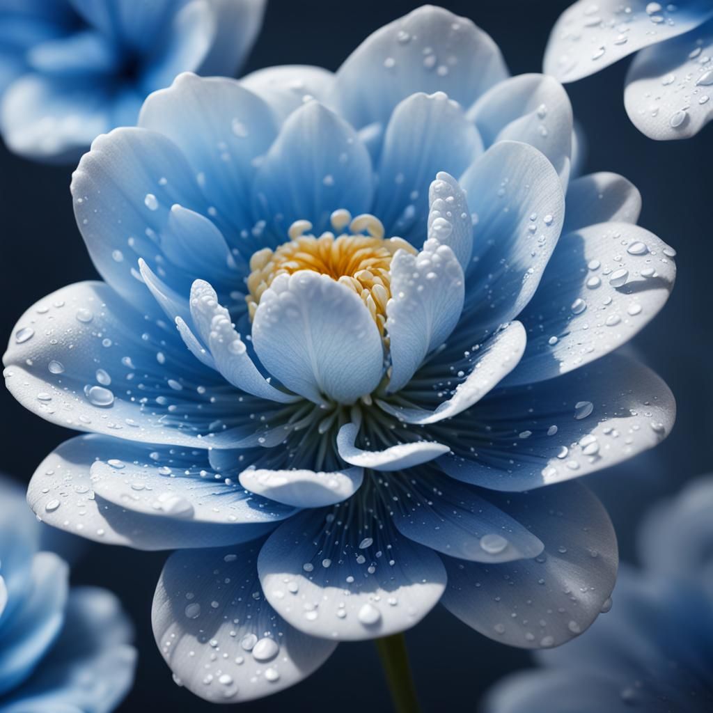 Intricate Blue Flower with Dew in Hyperrealistic Style