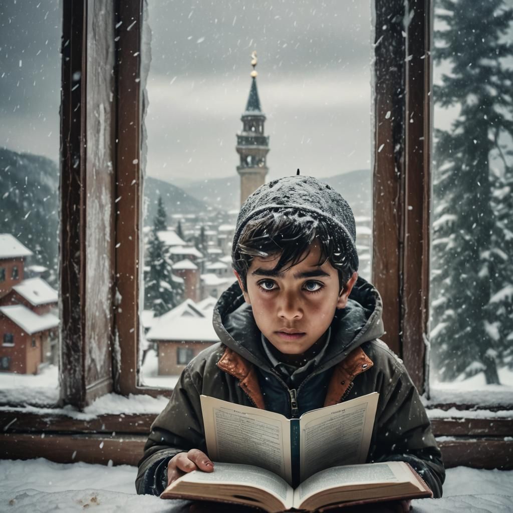 Child Reading Quran in Snowfall: Cinematic Film Still