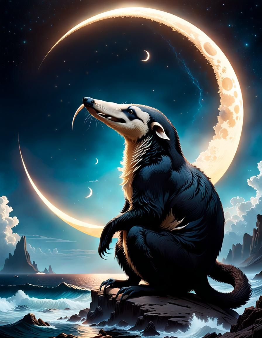 Anteater Silhouette on Moonlit Sea, Hyperrealistic Digital A...