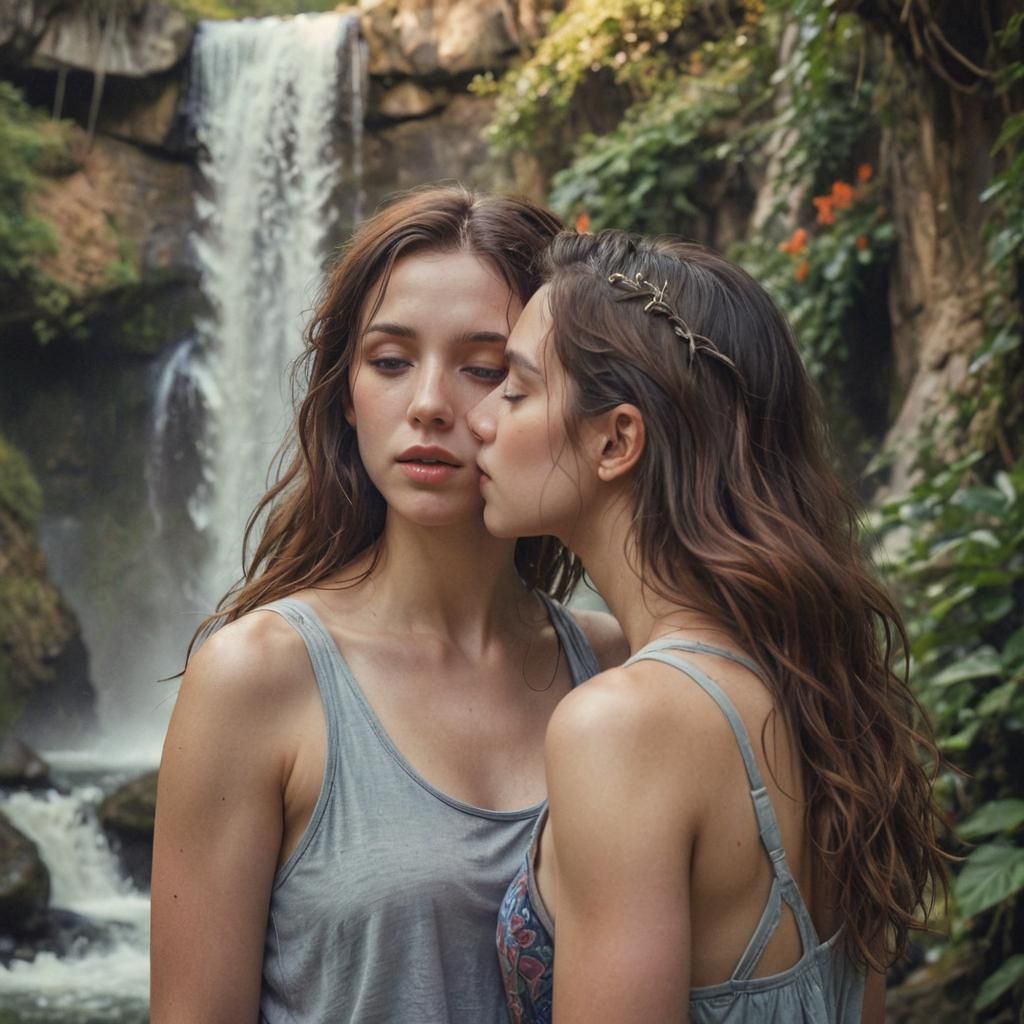 Ethereal Portrait of Women Kissing by Waterfall