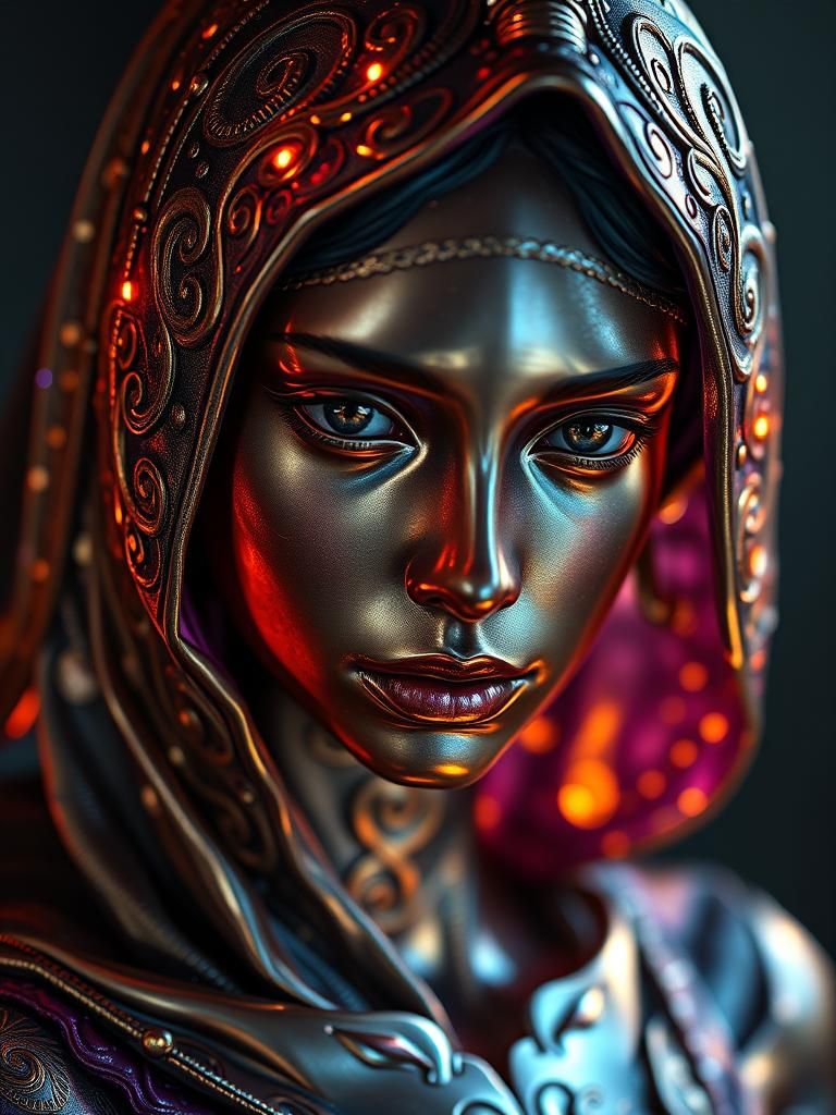 Bronze-Skinned Woman with Metallic Details in Dark Fantasy A...