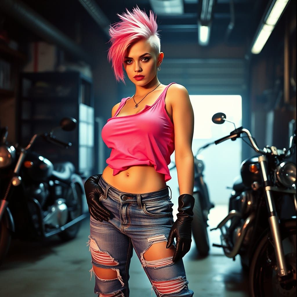 Edgy Biker Chick in a Dimly Lit Garage