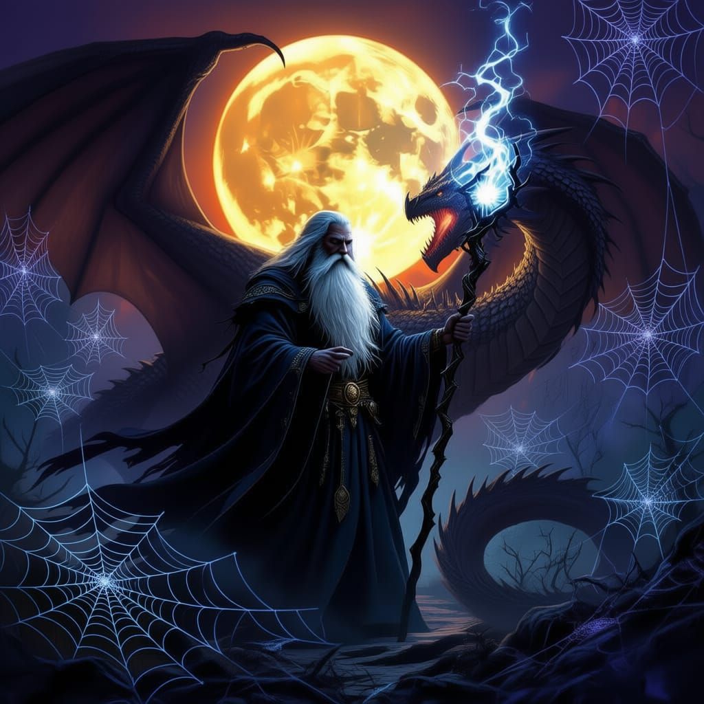 Wise Wizard on Moonlit Peak with Dragons