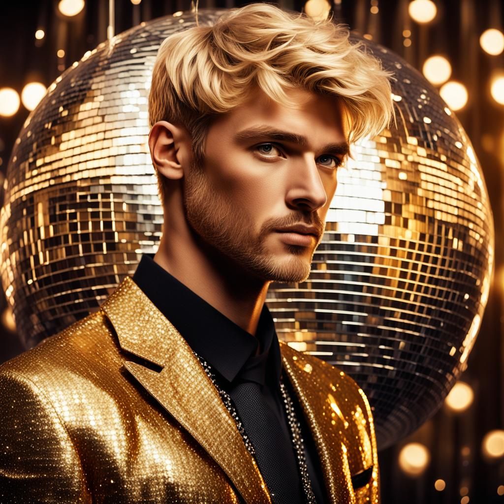 Golden Adonis: Hyper-Realistic Disco Angel Portrait