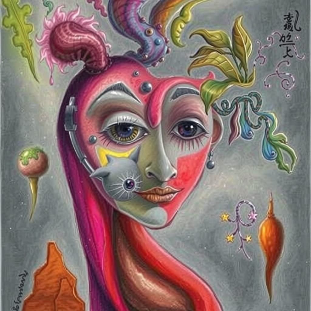 Surrealist Whimsy in Vibrant Pencil Sketch Style