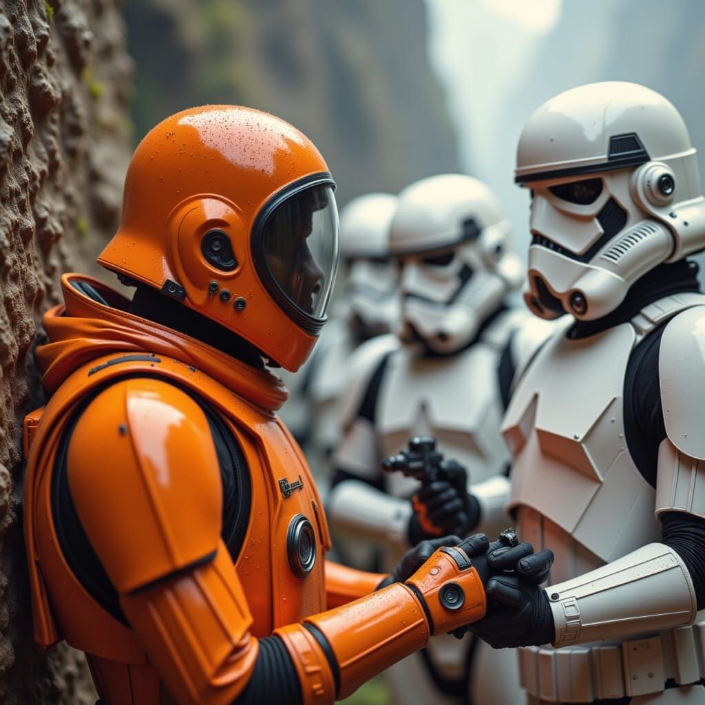 Orange Astronaut and Stormtroopers: Minimalist Encounter
