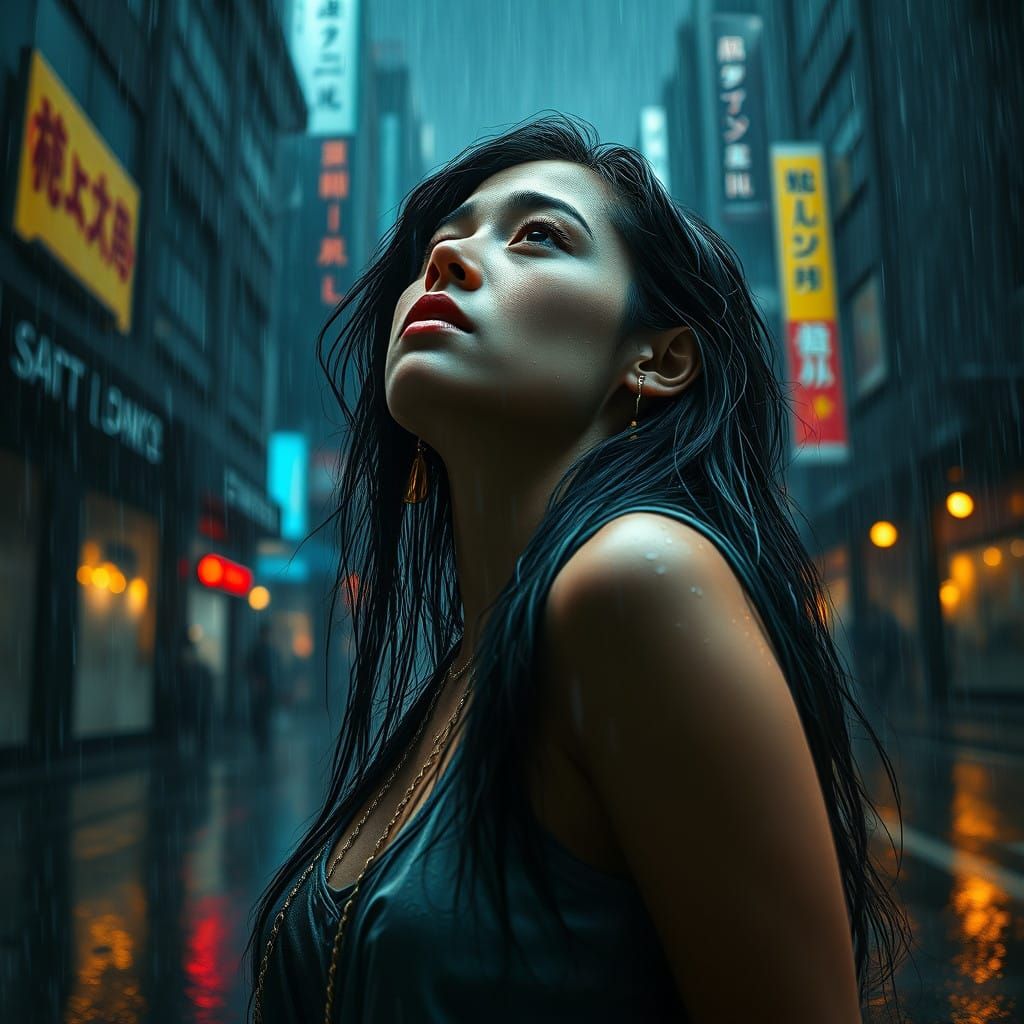 Young Woman Lost in Thought Amidst a Rainy Cityscape