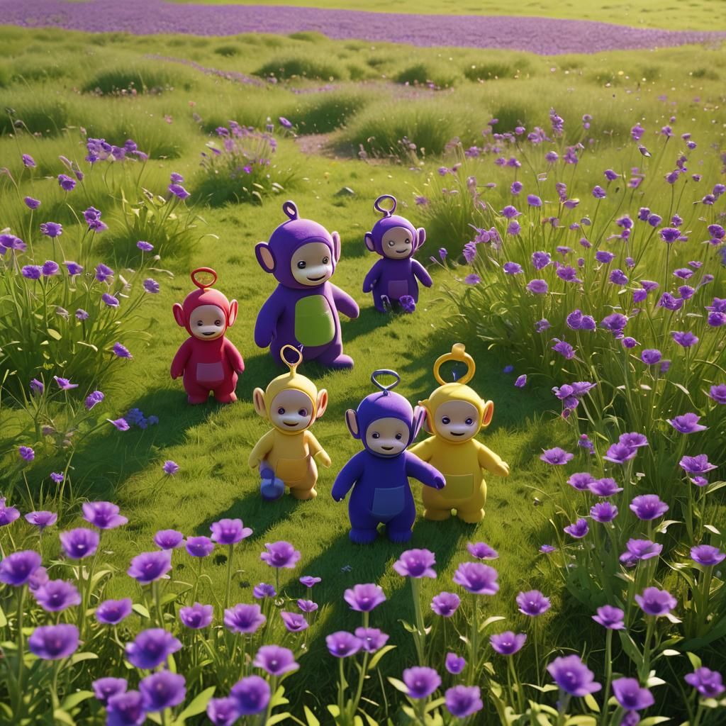 Teletubbies Play in Sunlit Meadow: 3D Animation