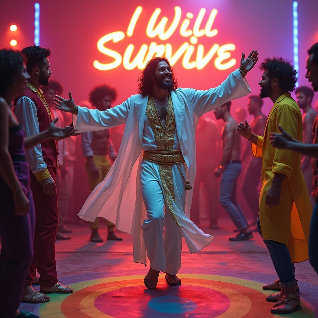 Jesus Dances with Joyful Crowd in Hyperrealistic Style