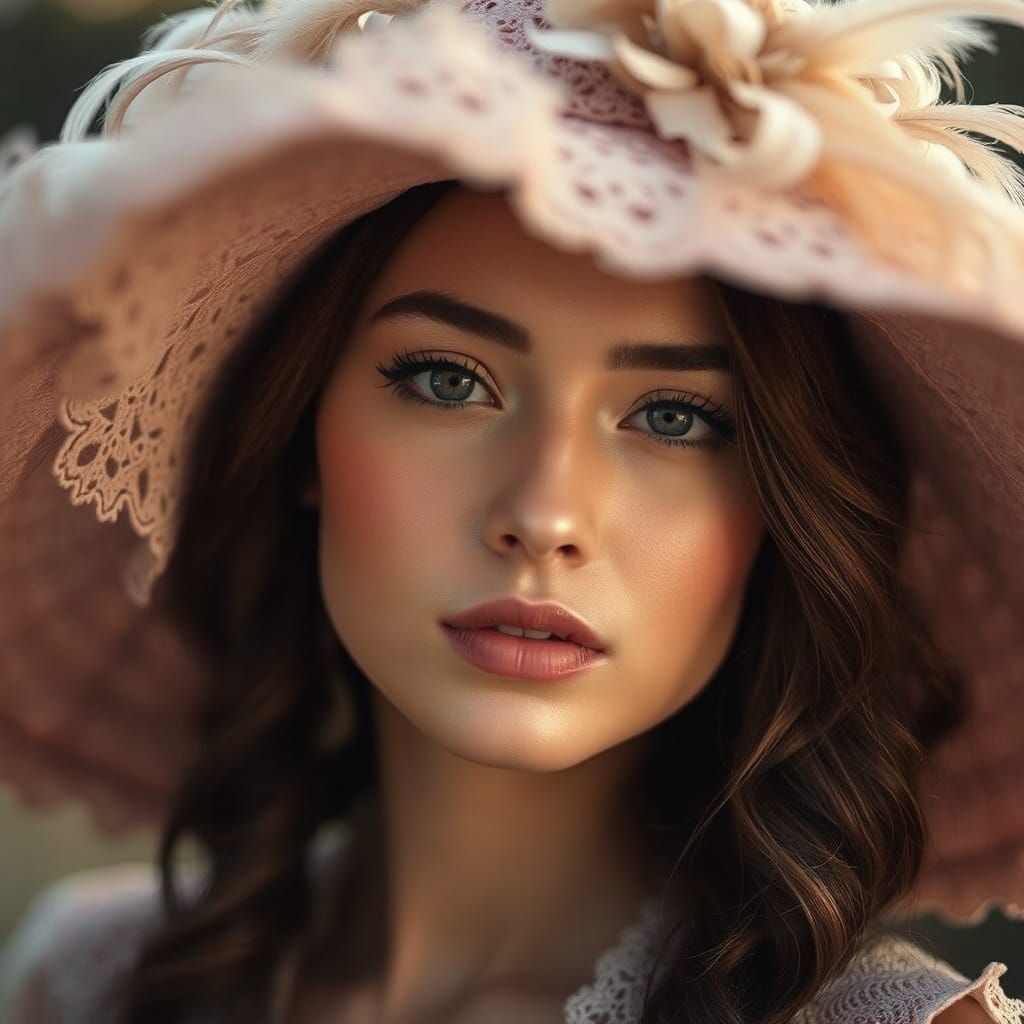 Dreamy Portrait of Woman in Feathered Hat