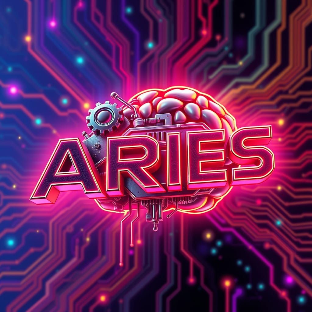 Futuristic ARIES Logo with Neon Circuitry and Metallic Text