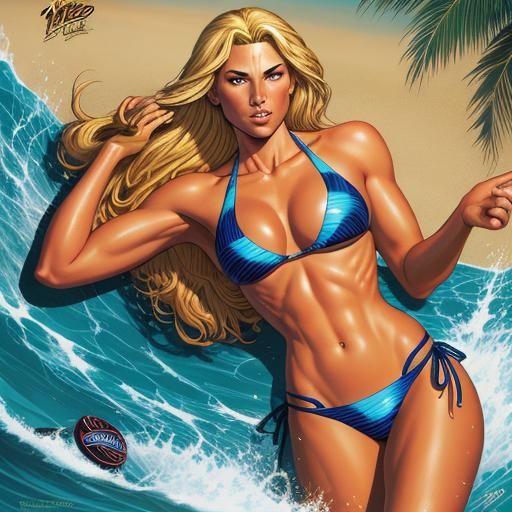 Blonde Bikini Model on Beach in Comic Book Art
