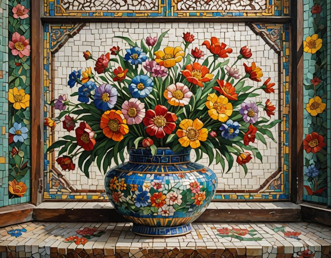 Mosaic of Antique Chinese Vase with Flowers
