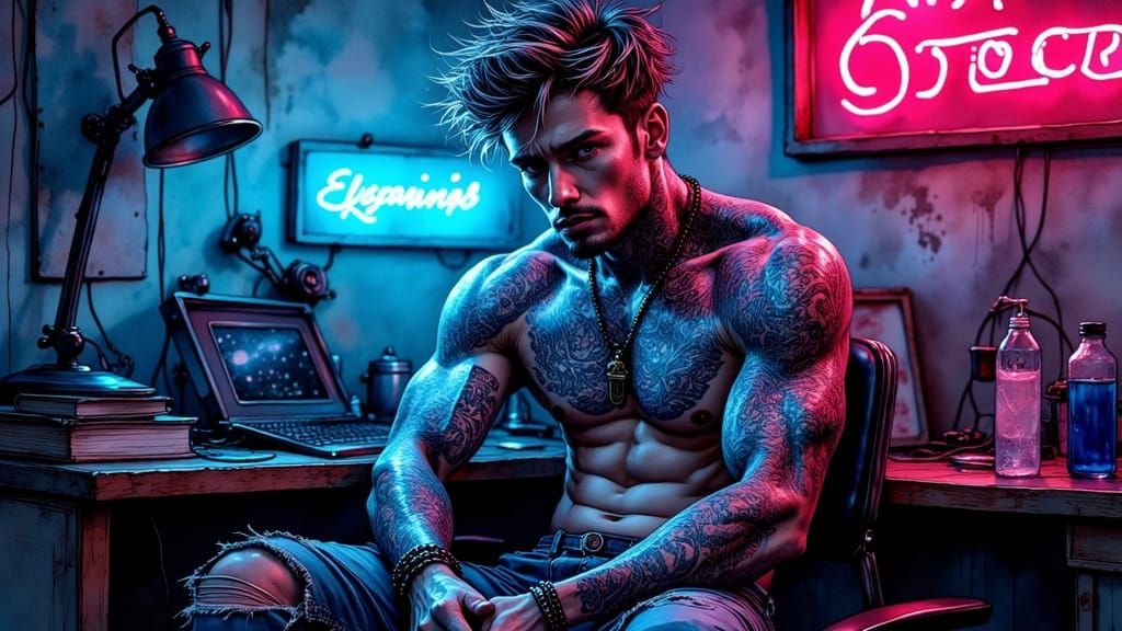 Gritty, Cyberpunk Tattooed Hero