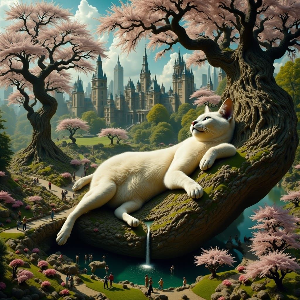 A giant massive Siamese Cat sprawls across the entire Central Park, New York, using the trees as a scratching post. surr...