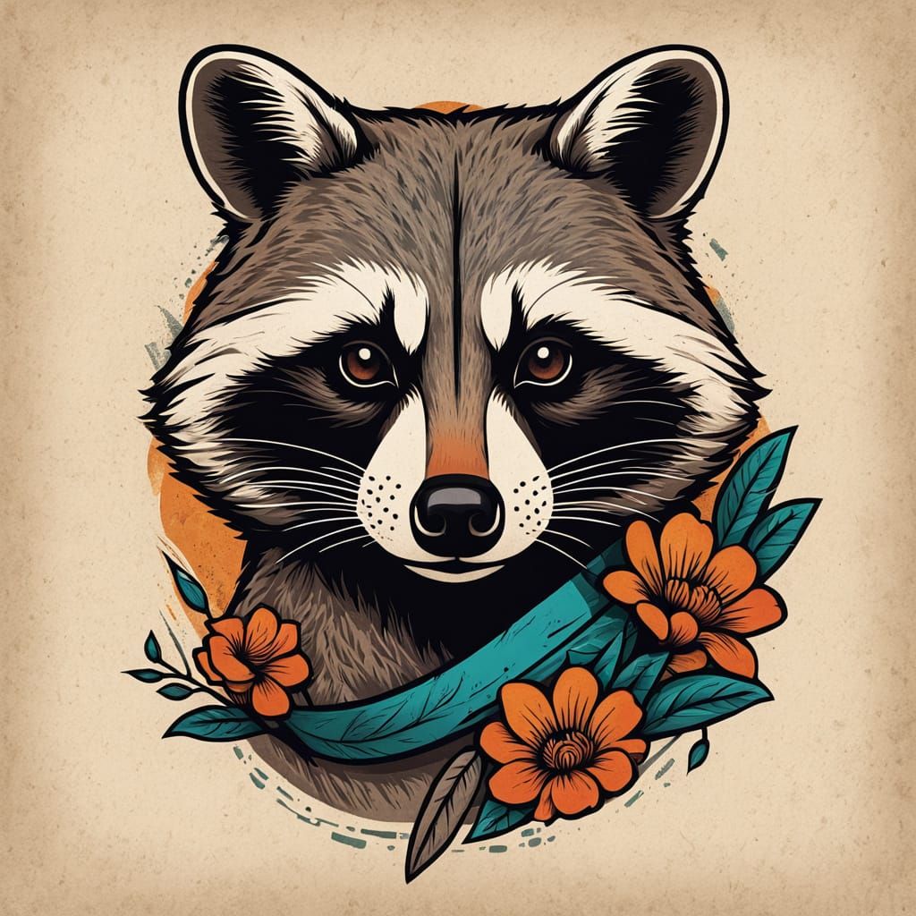 Traditional Woodcut Tattoo of Curious Raccoon