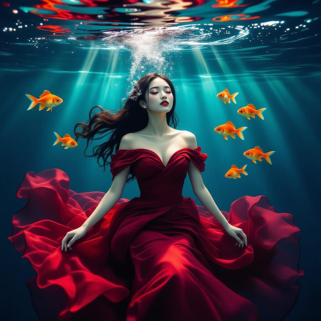 Ethereal Woman in Red Gown Underwater Abyss