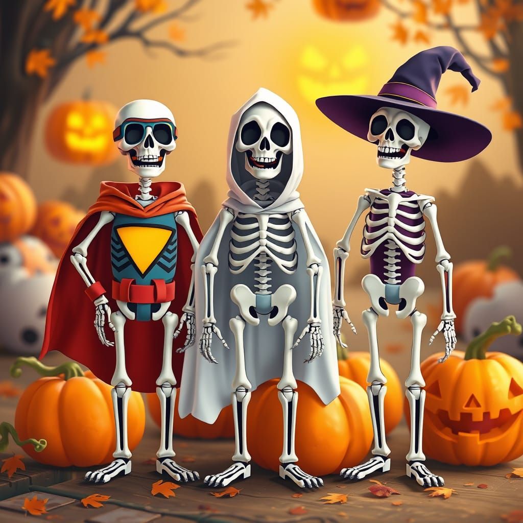 Cheerful Skeletons in Fun Halloween Costumes