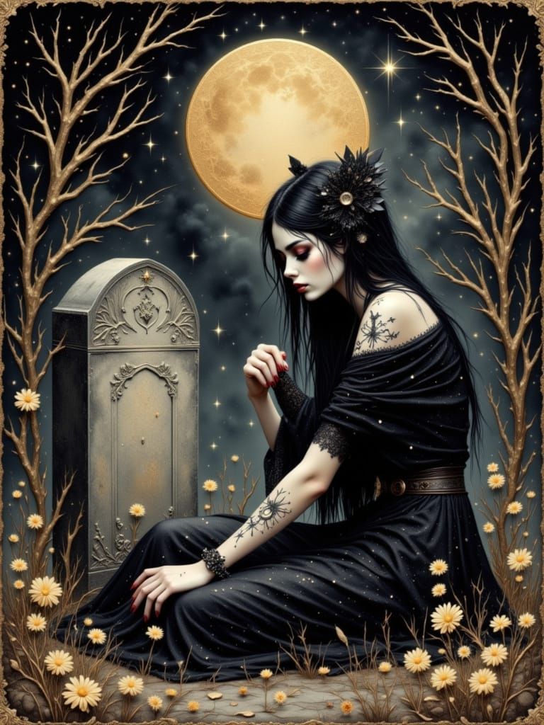Melancholic Goth Woman by Gravestone in Gold Ink