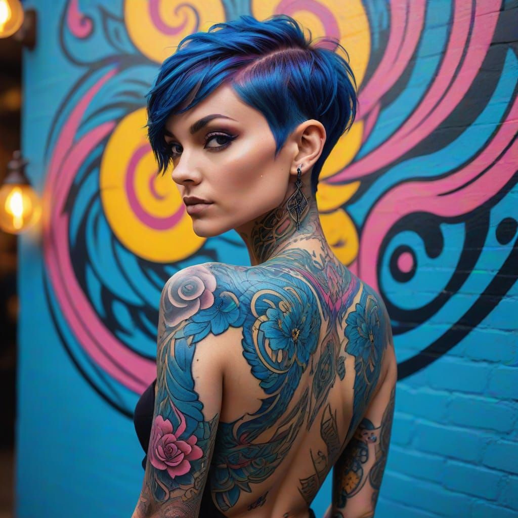 Bold Street Art Portrait of a Tattooed Pixie Cut Woman