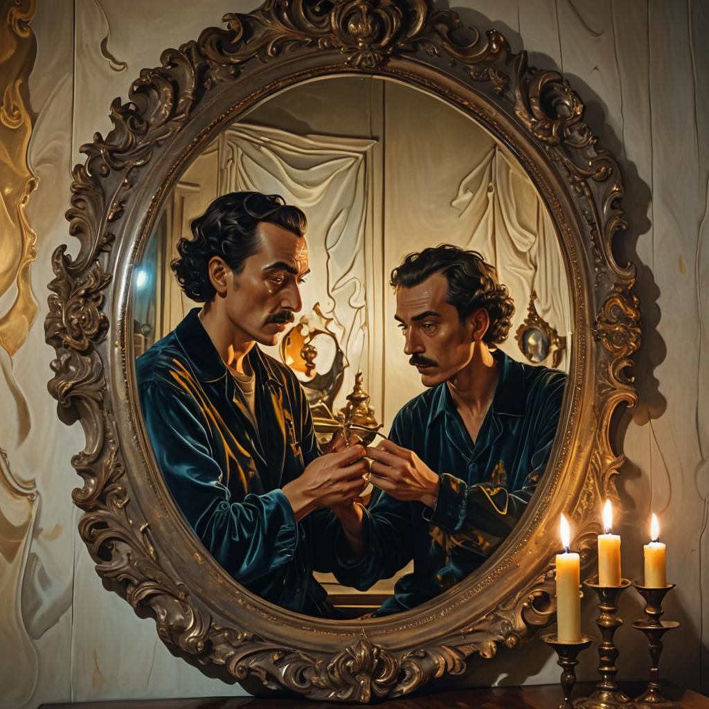 Surreal Reflection in Ornate Mirror, Oil Painting Style