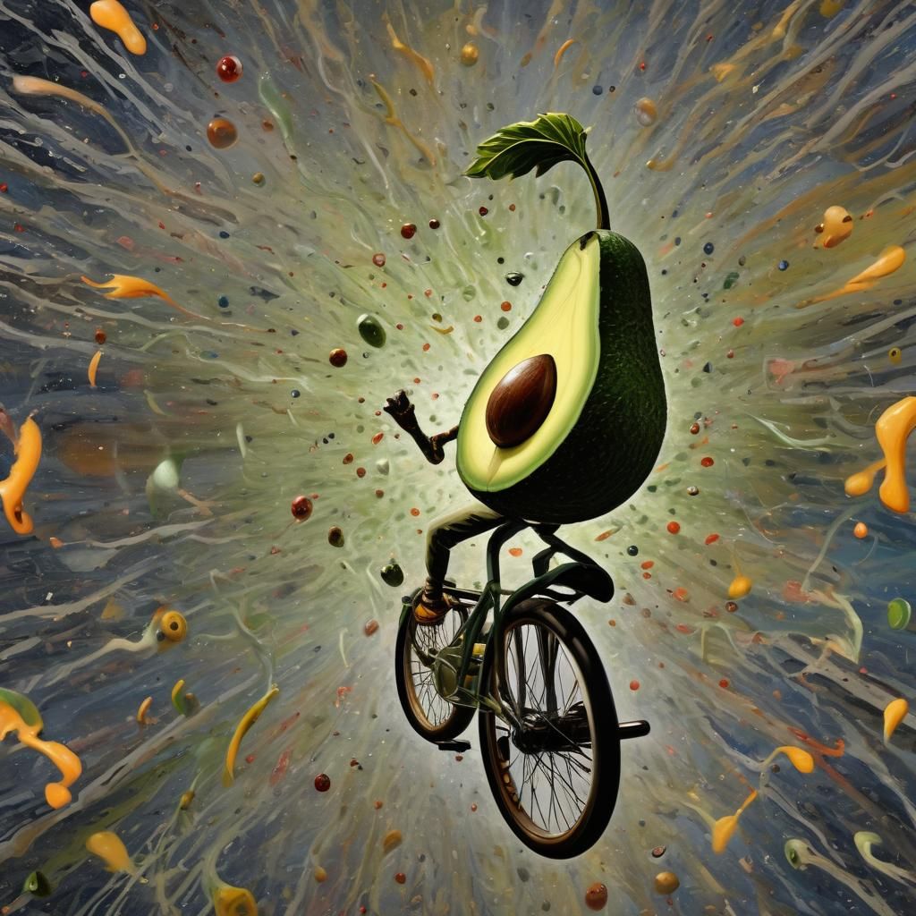 “A hyperrealistic oil painting of a sentient, quantum entangled, post-apocalyptic avocado riding a unicycle through a hy...