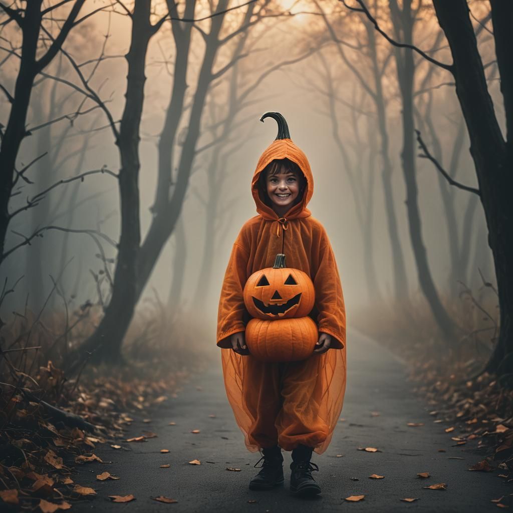 Cinematic Portrait of Trick-or-Treater in Fog