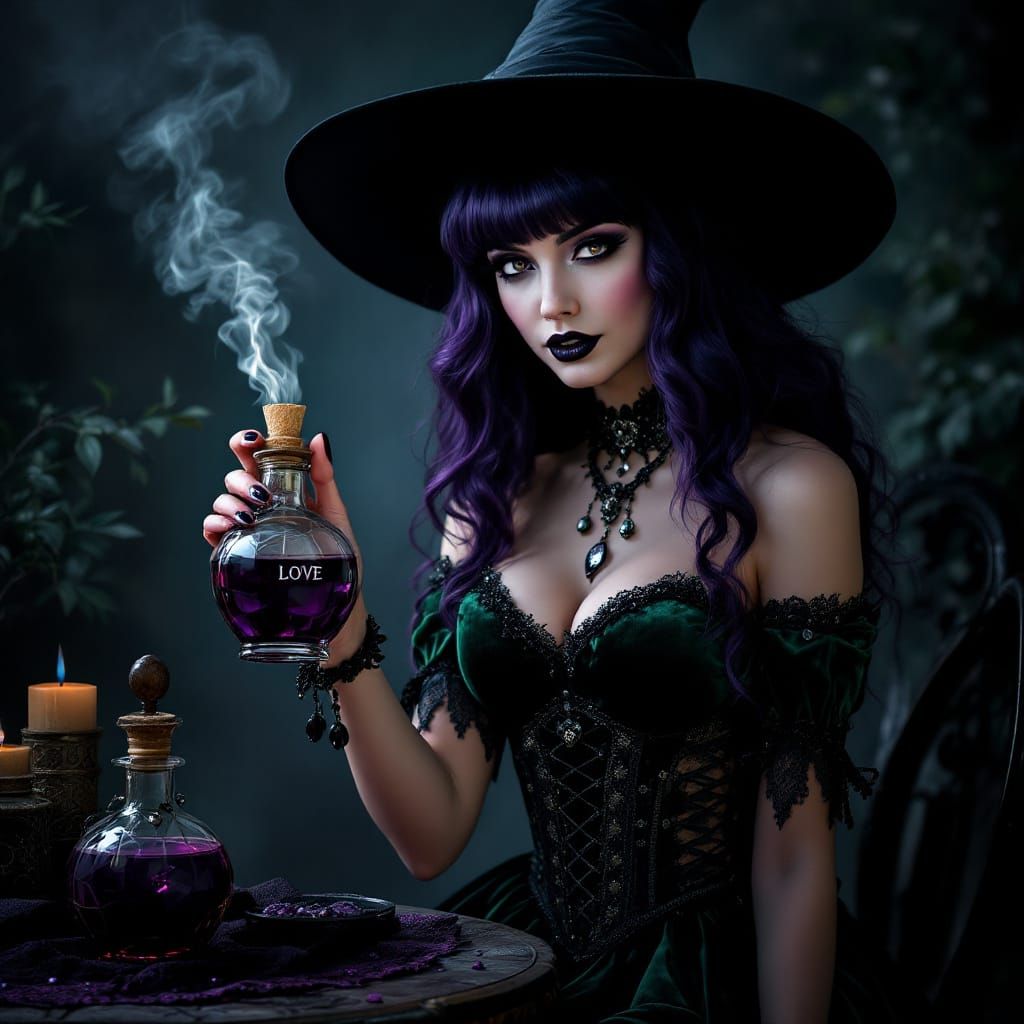 Witch Brews Love Potion in Velvet Dress