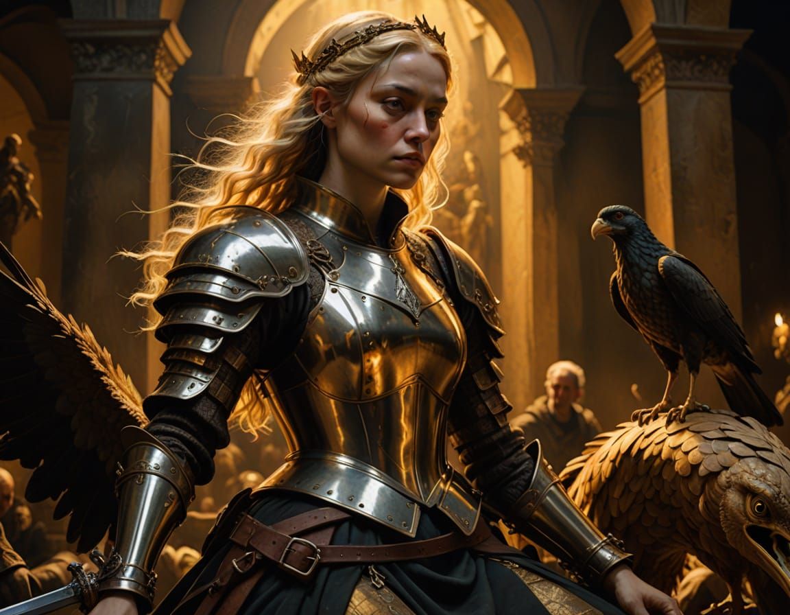 Baroque Masterpiece of Blonde Elf Warrior on a Yellow Terror...