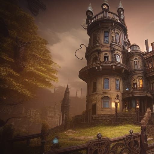 Ominous Steampunk Mansion: Detailed Matte Painting