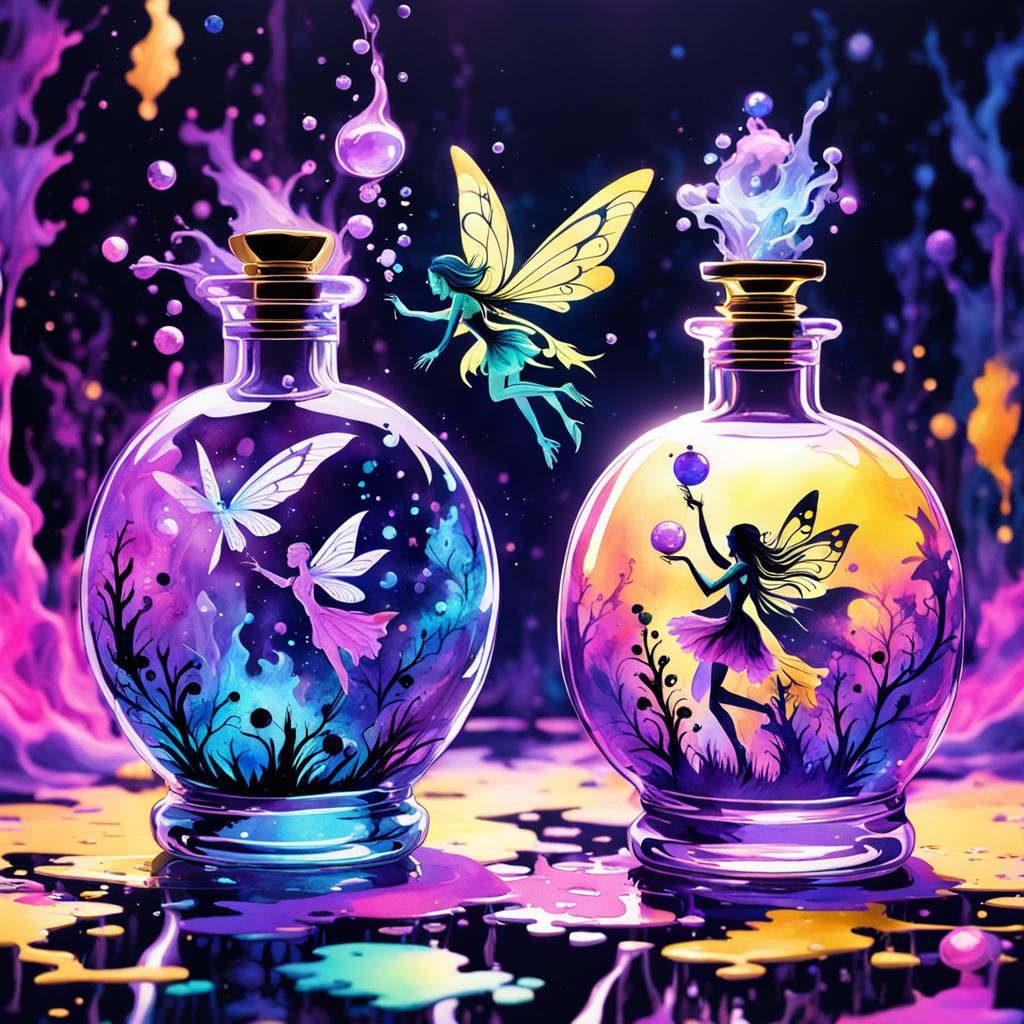 Fairy in Perfume Bottle: Watercolor Splash Art