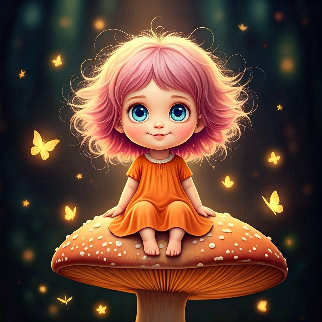 Whimsical Fairyland Forest Girl on Mushroom