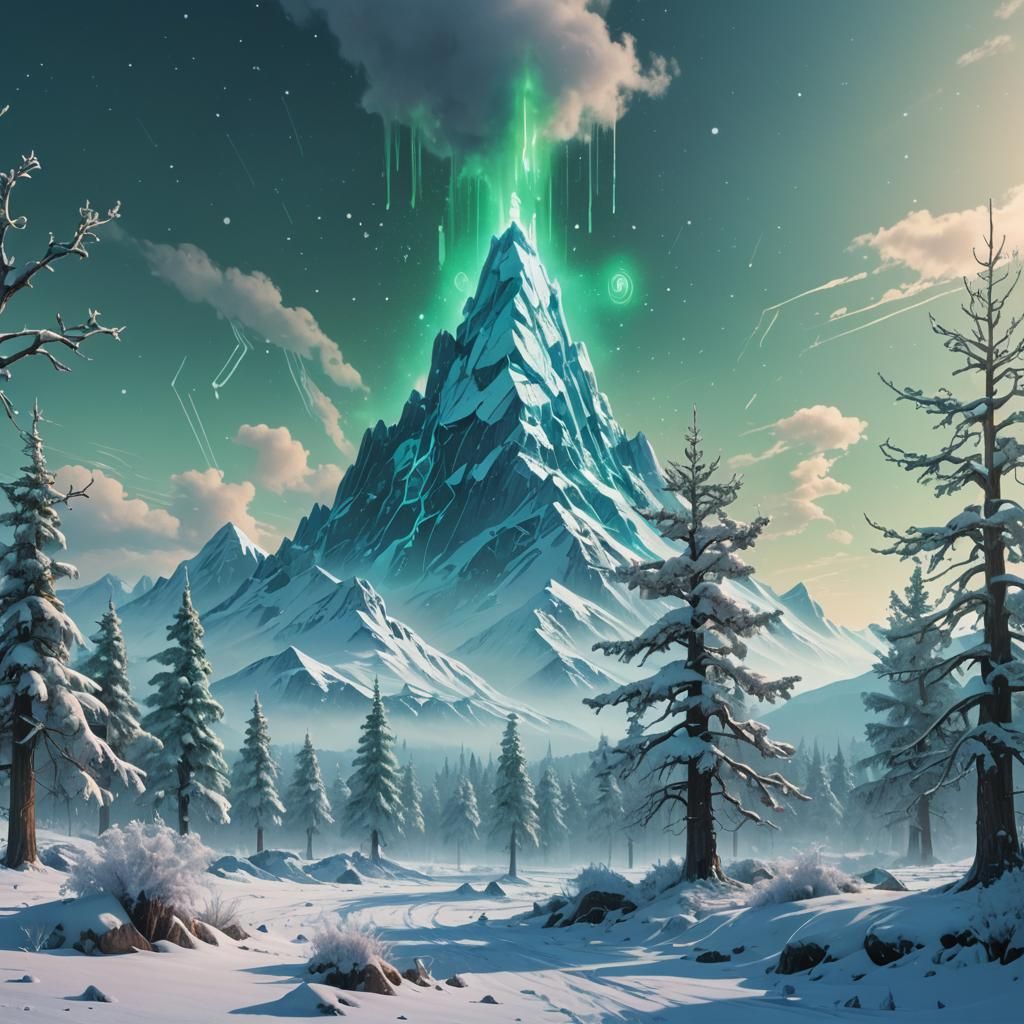 Snowy Mountain Peak with Glowing Crystals, Digital Art