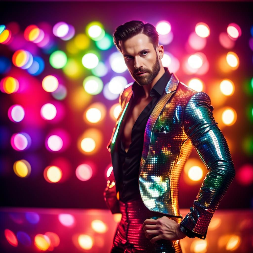 Gay Man Dancing at Disco in Rainbow Latex